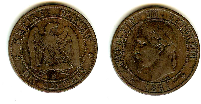 Dix centimes Napoléon III, tête laurée 1861 Strasbourg TB+